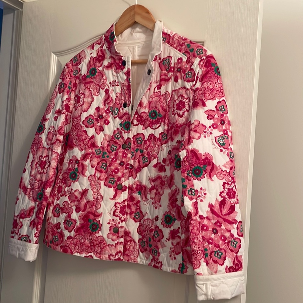 Burberry reversible cotton quilted snap closure jacket, cherry blossoms, size 10